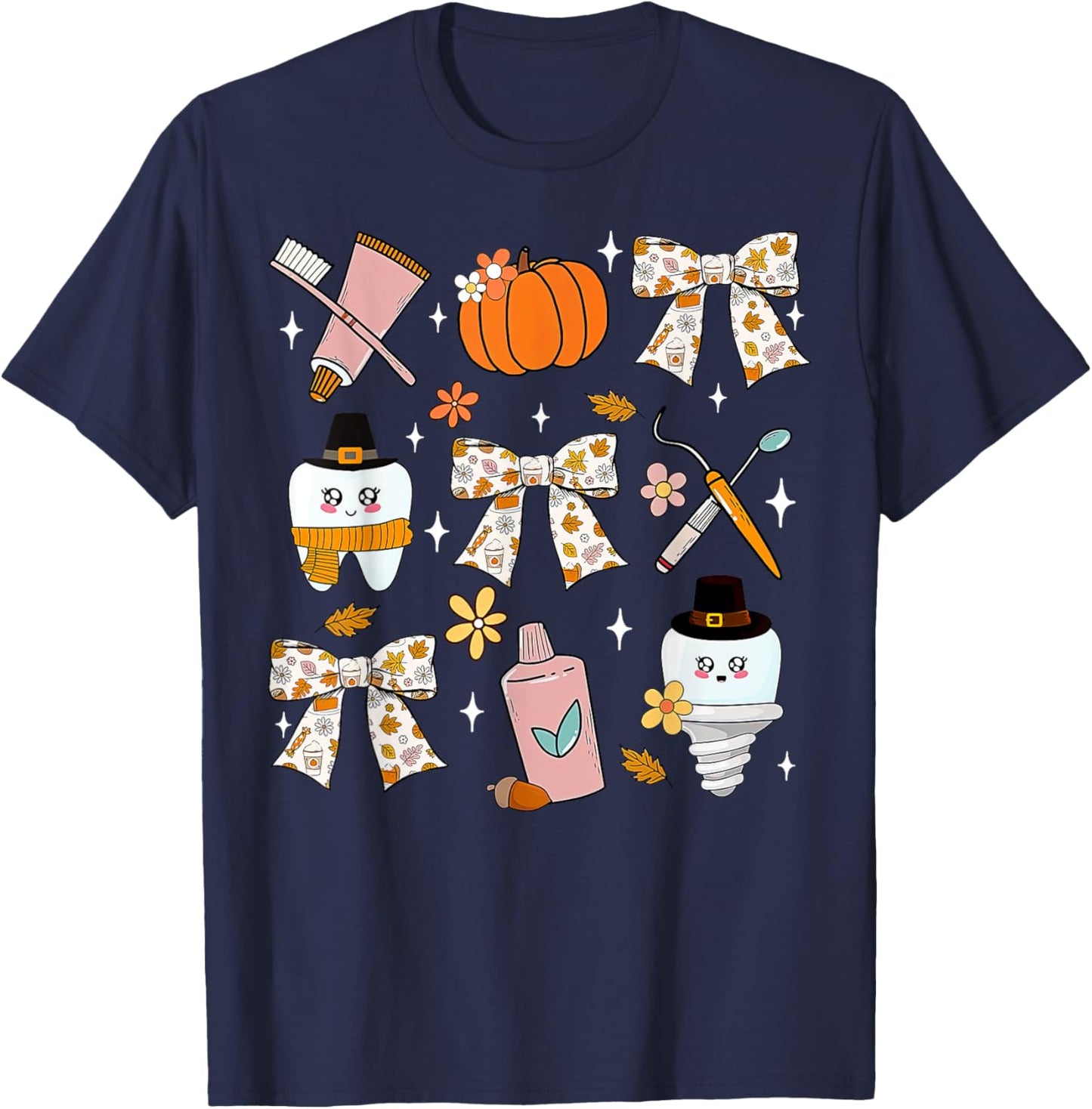 Coquette Bow Dental Squad Fall Autumn Dentist Assistant T-Shirt - T-Shirt | Navy