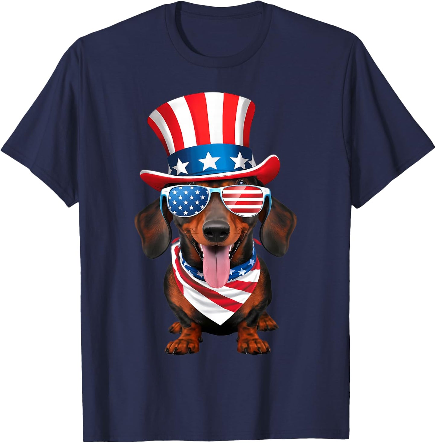 Dachshund Dog American Flag Glasses Hat 4th of July T-Shirt - T-Shirt | Navy