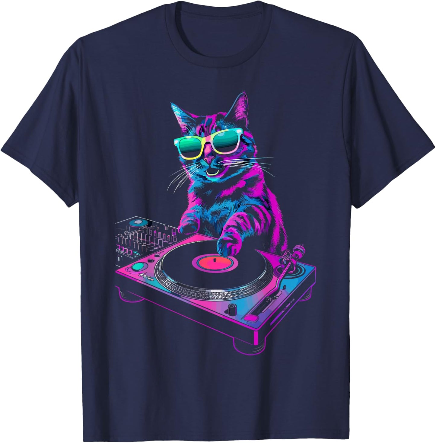 House DJ Cat Rainbow DJ Cat Kitty on Turntable Disco DJ Cat , Small, Black T-Shirt - T-Shirt | Navy