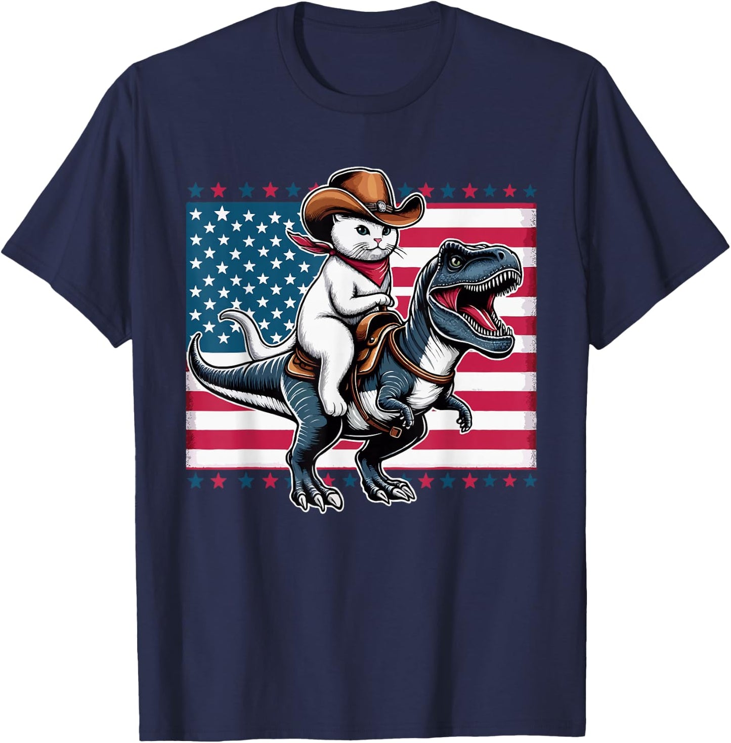Cute Cowboy Cat Riding Dinosaur USA Flag T-Rex 4th of July , Small, Black T-Shirt - T-Shirt | Navy
