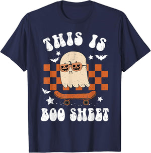 Cute Ghost Skateboarding This is Boo Sheet Halloween Costume T-Shirt - T-Shirt | Navy