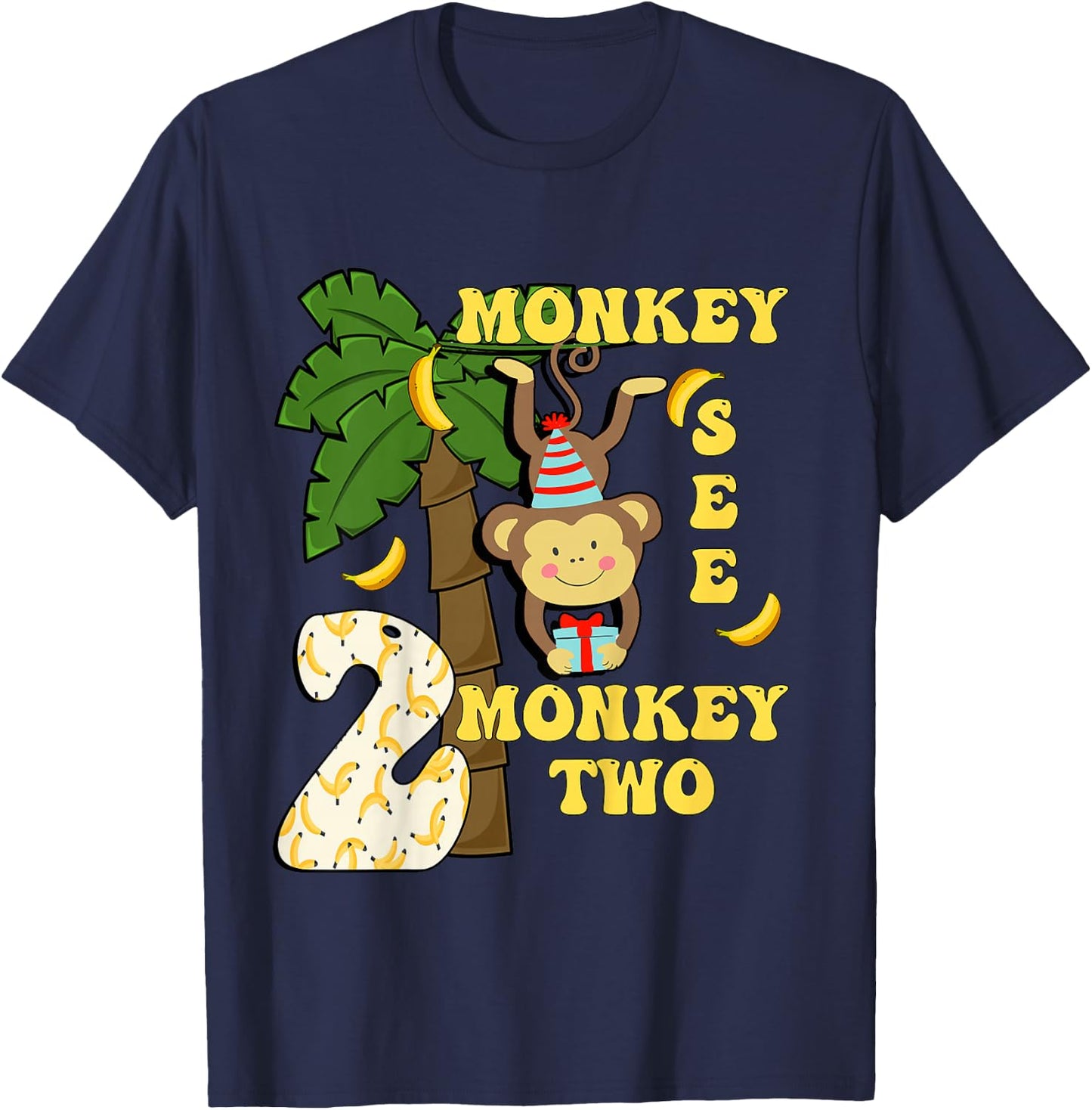 2 Years Old Monkey Party Themes 2nd Birthday T-Shirt - T-Shirt | Navy