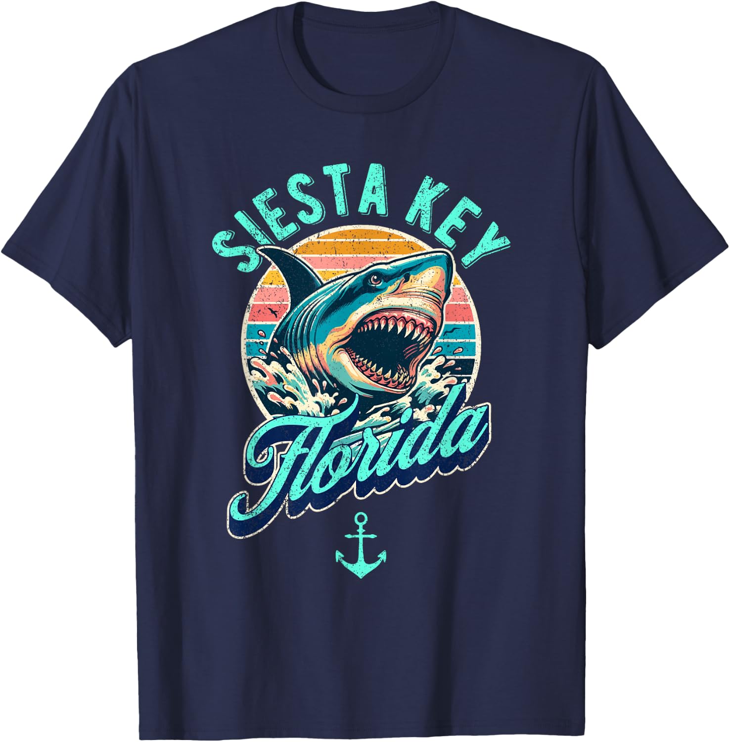 Siesta Key Florida Shark Retro Distressed Design T-Shirt - T-Shirt | Navy