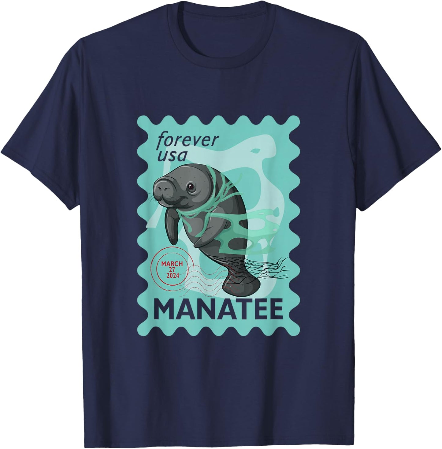 Manatee Stamp Wildlife Animal Manatee Lover Postal Worker T-Shirt - T-Shirt | Navy