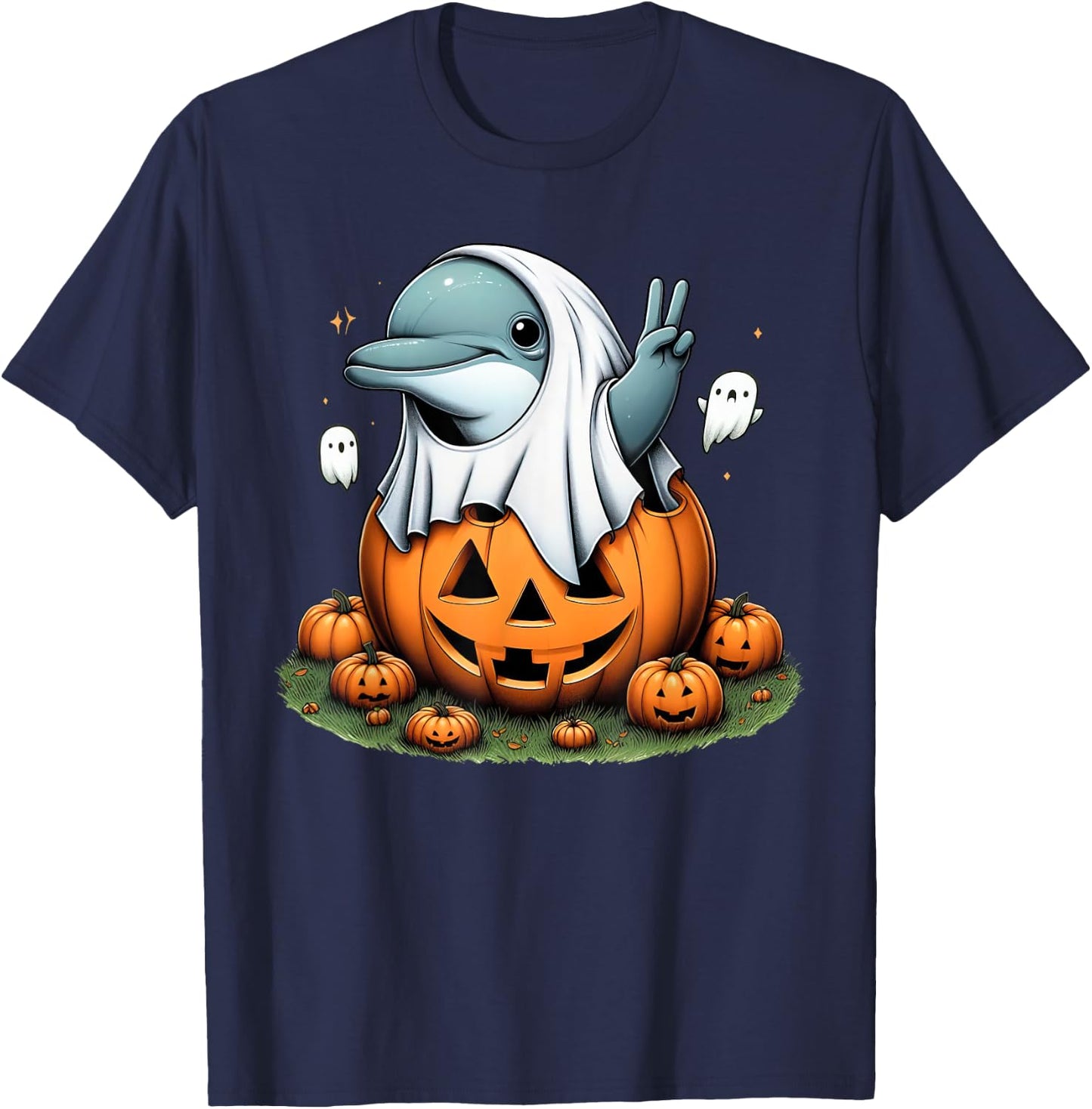 Funny Dolphin Ghost Boo Halloween Dolphin Kids T-Shirt - T-Shirt | Navy