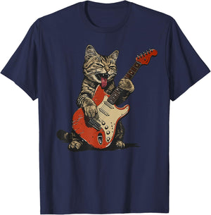 Rock and Roll Guitar Cat Vintage ROCK Guitarist Cat Men Women Girls Kids T-Shirt - T-Shirt | Navy