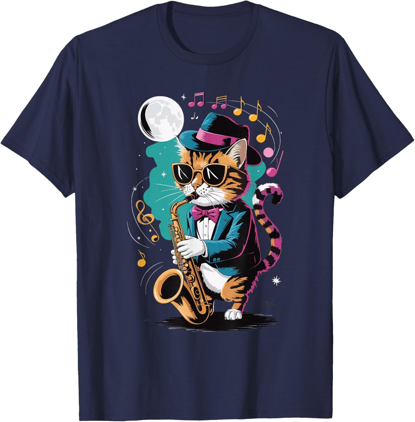 Cat Playing Saxophone Men Women Kids T-Shirt - T-Shirt | Navy