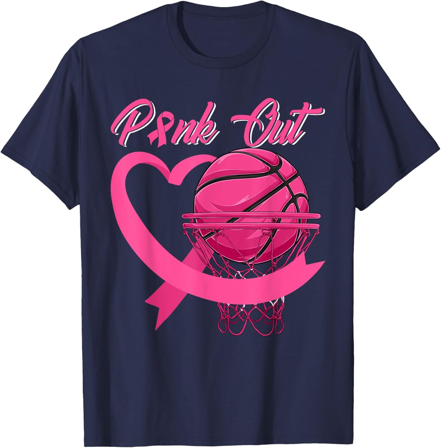 Pink Out Breast Cancer Pink Ribbon Heart & Basketball Ball T-Shirt - T-Shirt | Navy