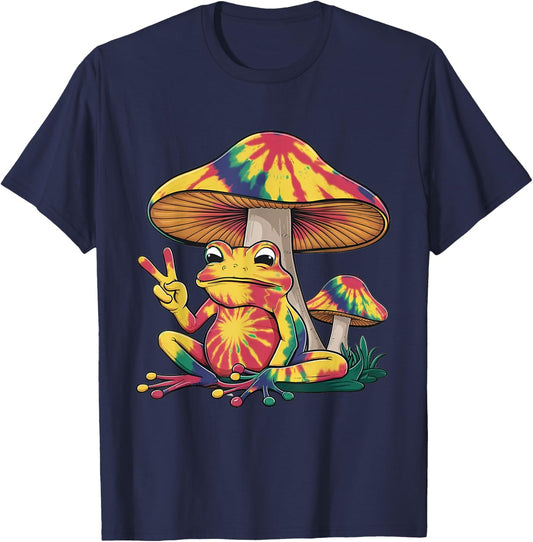 Tie Dye Mushroom and Frog Peace Sign Hippie Animal Vintage T-Shirt - T-Shirt | Navy