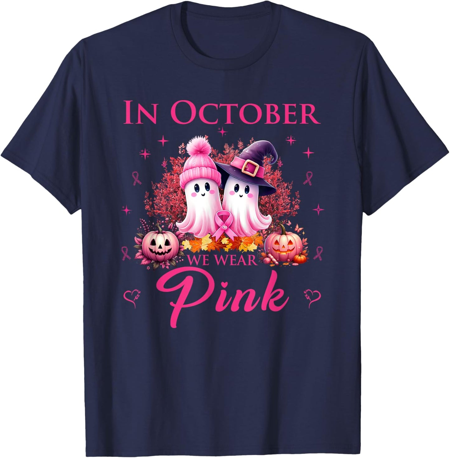 In October We Wear Pink Ghost Breast Cancer Awareness T-Shirt - T-Shirt | Navy