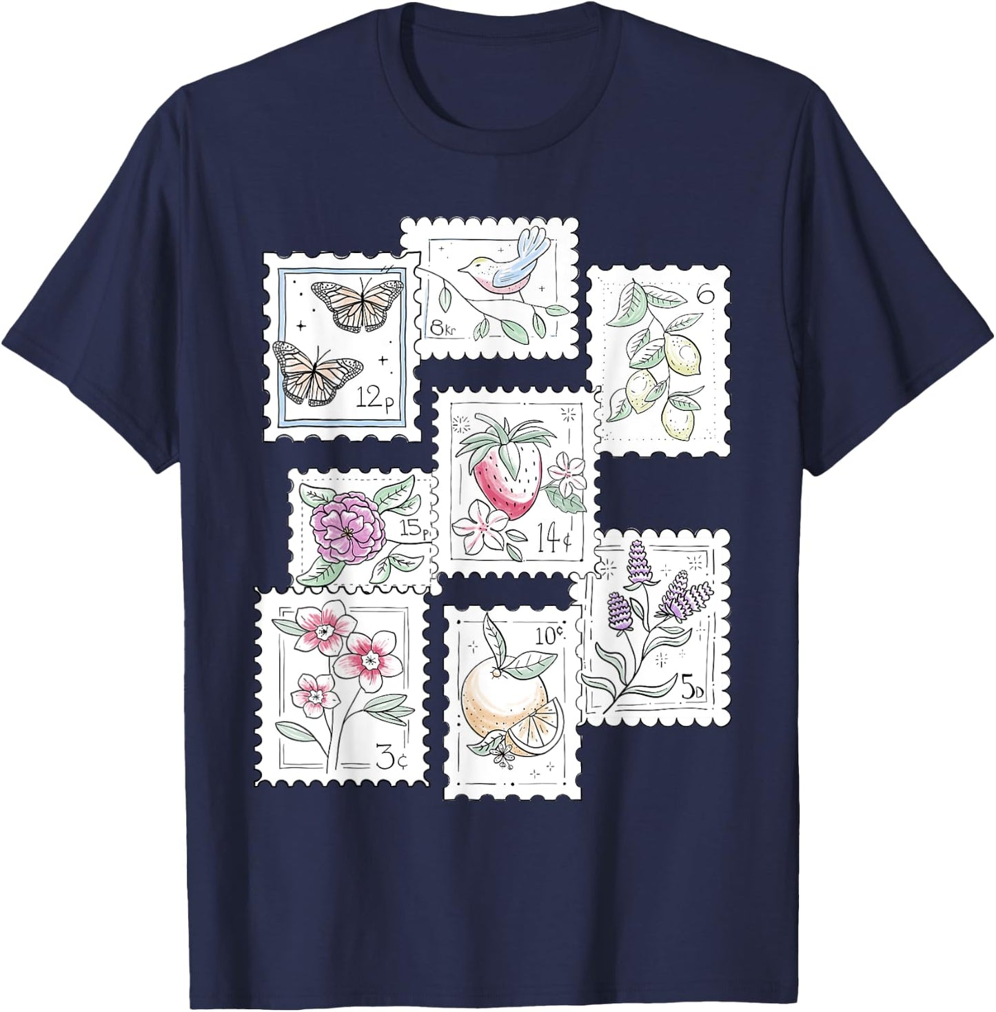 Postage Stamp Pattern Flowers Butterflies Bird Strawberry T-Shirt - T-Shirt | Navy