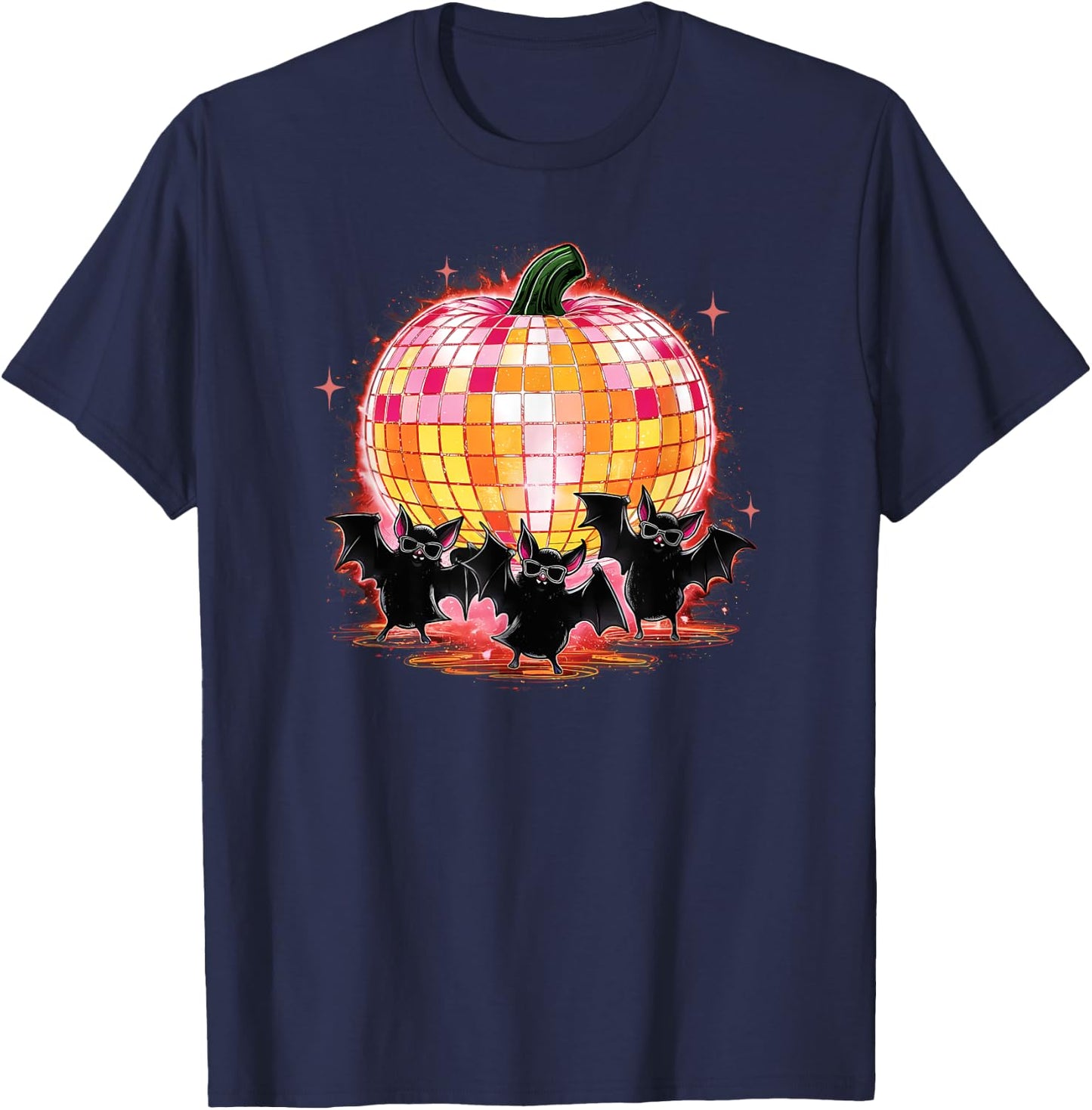 Pumpkin Disco Ball Dancing Bats Halloween Disco Party T-Shirt - T-Shirt | Navy