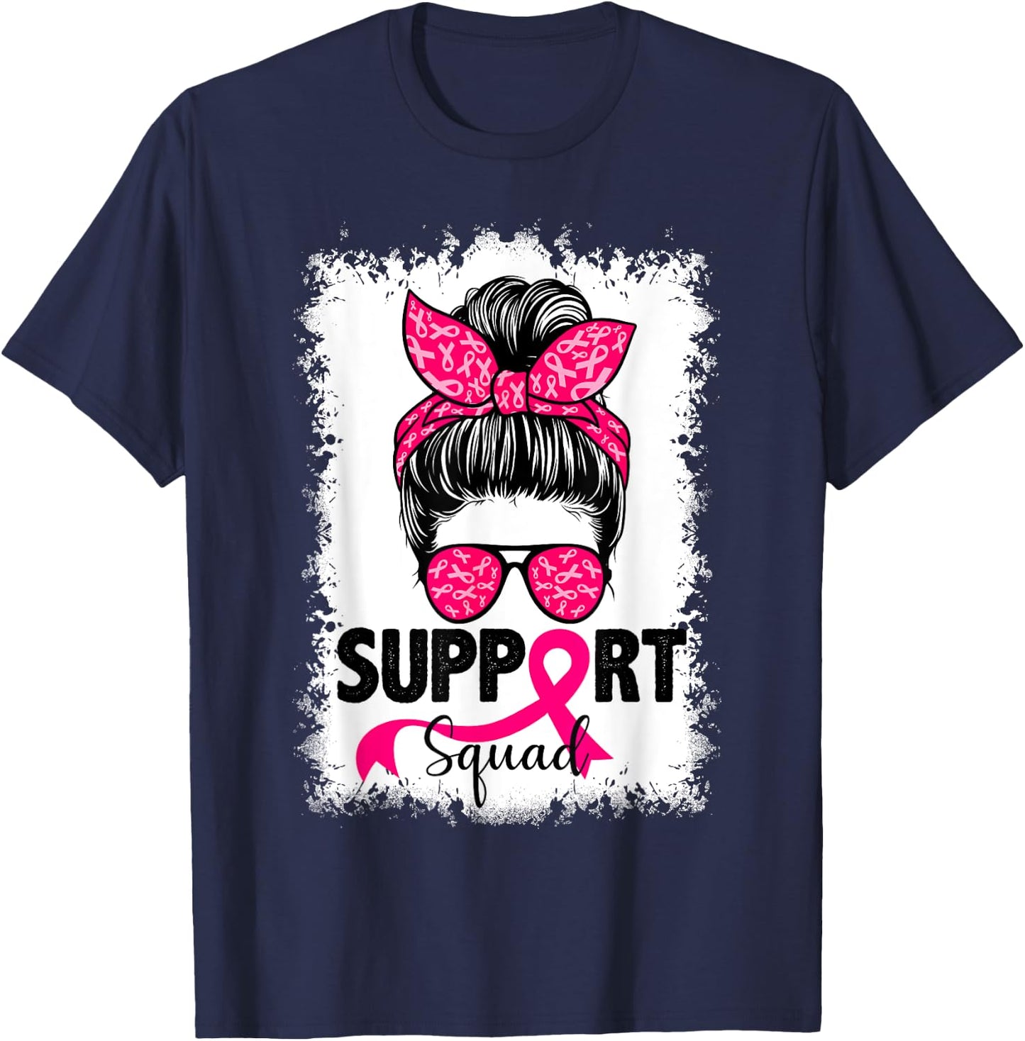 Support Squad Messy Bun Pink Warrior Breast Cancer Awareness T-Shirt - T-Shirt | Navy