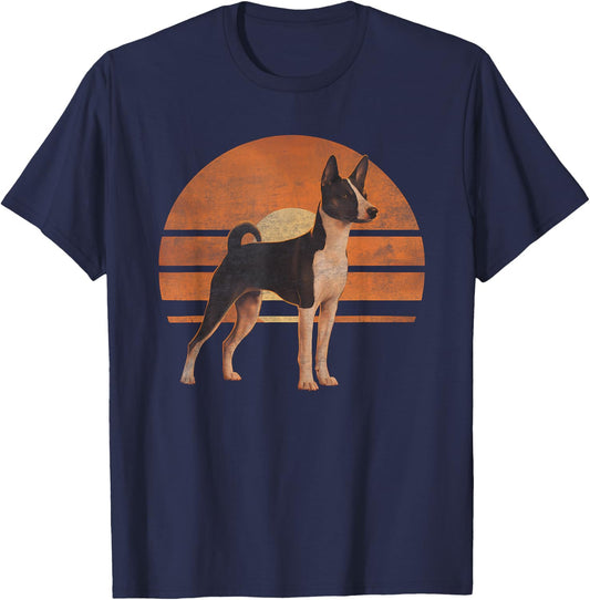 Retro Sunset Design Basenji Dog T-Shirt - T-Shirt | Navy
