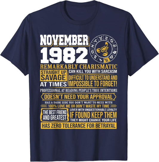 November Birthday Gifts - Born November Scorpio 1982 Funny T-Shirt - T-Shirt | Navy