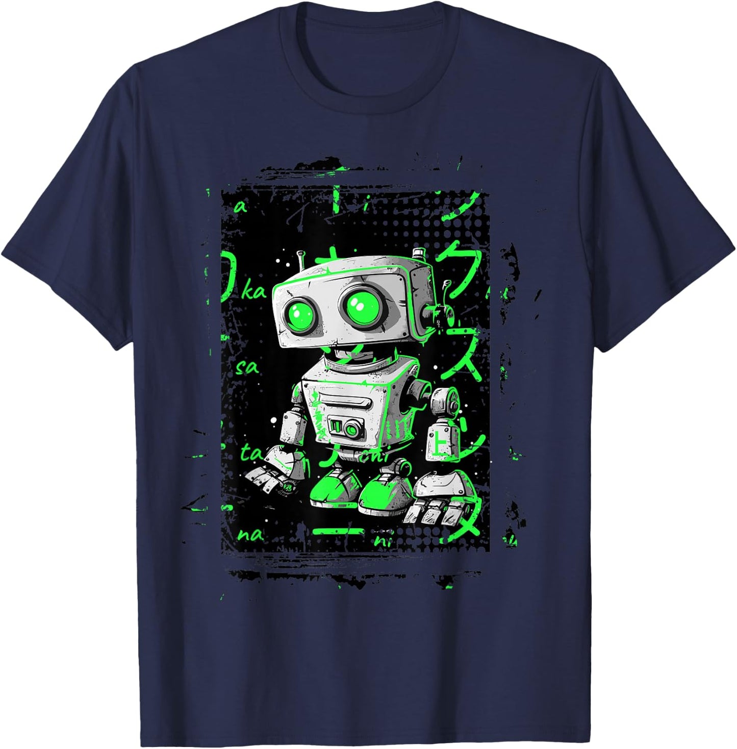 Green Cyberpunk Robot Kicks Green Color Graphic T-Shirt - T-Shirt | Navy