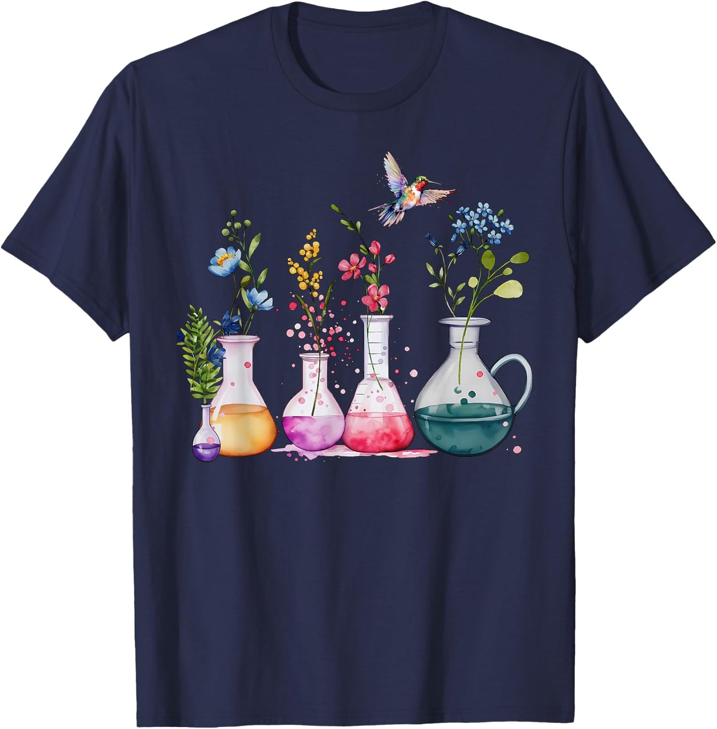 Floral Beakers Laboratory Hummingbird Chemistry Science T-Shirt - T-Shirt | Navy
