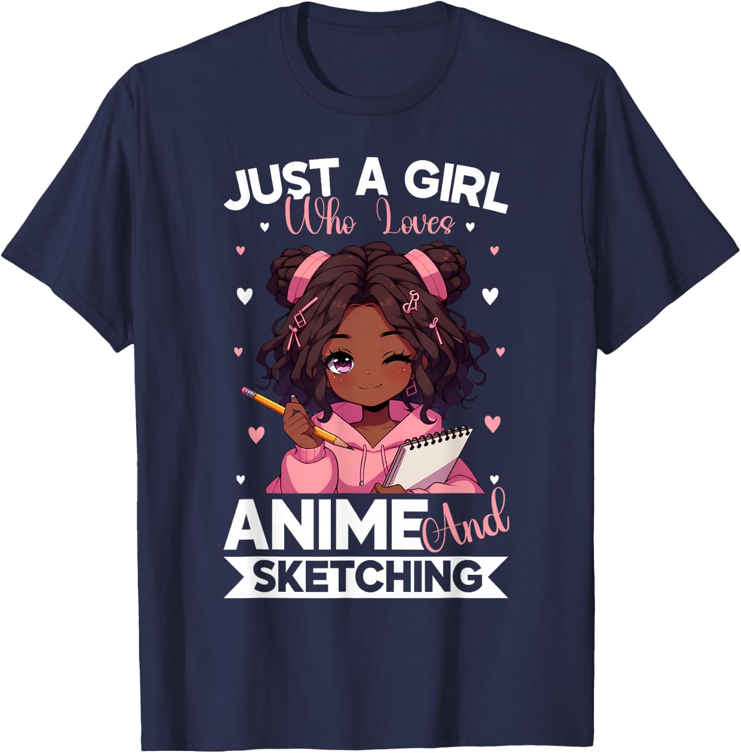 Just A Girl Who Loves Anime and Sketching Afro Anime Merch T-Shirt - T-Shirt | Navy