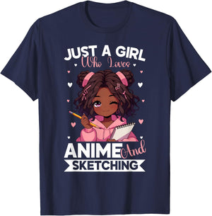 Just A Girl Who Loves Anime and Sketching Afro Anime Merch T-Shirt - T-Shirt | Navy