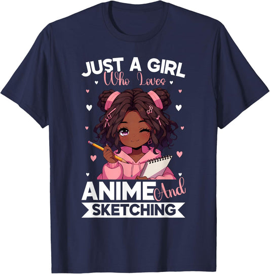 Just A Girl Who Loves Anime and Sketching Afro Anime Merch T-Shirt - T-Shirt | Navy