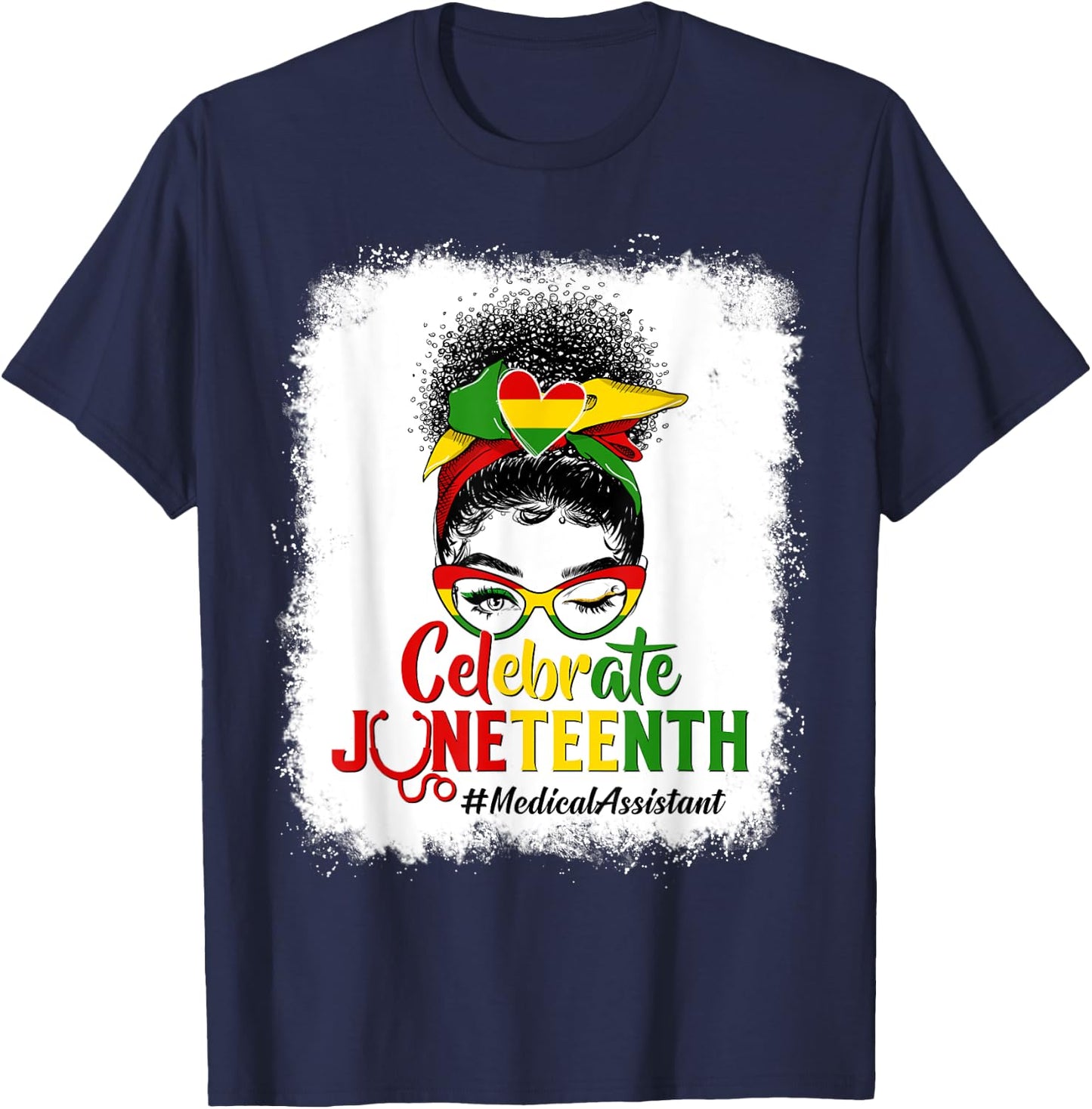 Black Medical Assistant Messy Bun Celebrate Juneteenth Afro T-Shirt - T-Shirt | Navy