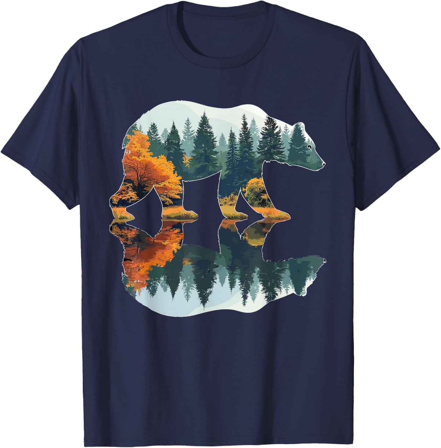Trees Wildlife Reflection Nature Bear Outdoor Forest T-Shirt - T-Shirt | Navy