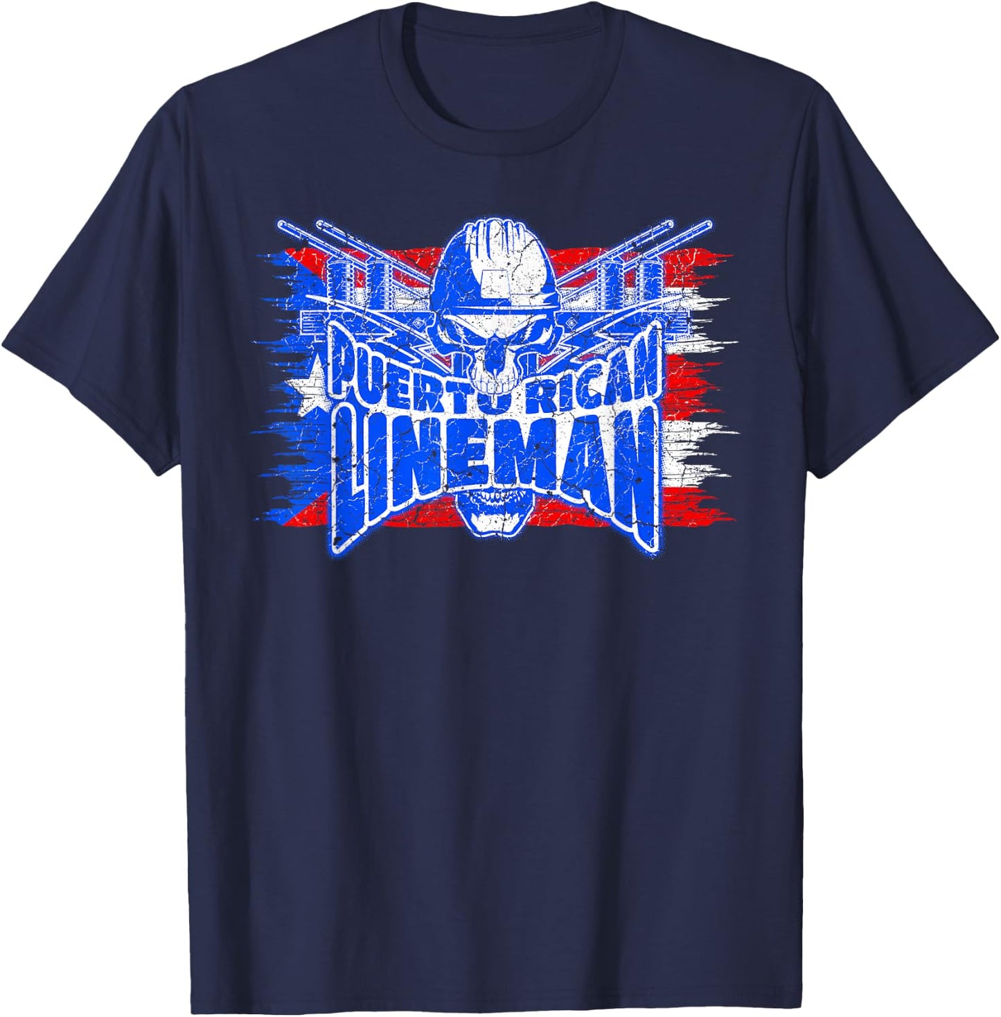 Proud Puerto Rican Lineman Skull with Flag of Puerto Rico T-Shirt - T-Shirt | Navy
