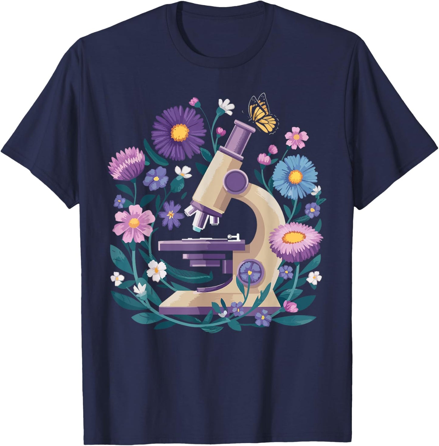 Microscope Flower Butterfly Biology Science Teacher Student T-Shirt - T-Shirt | Navy