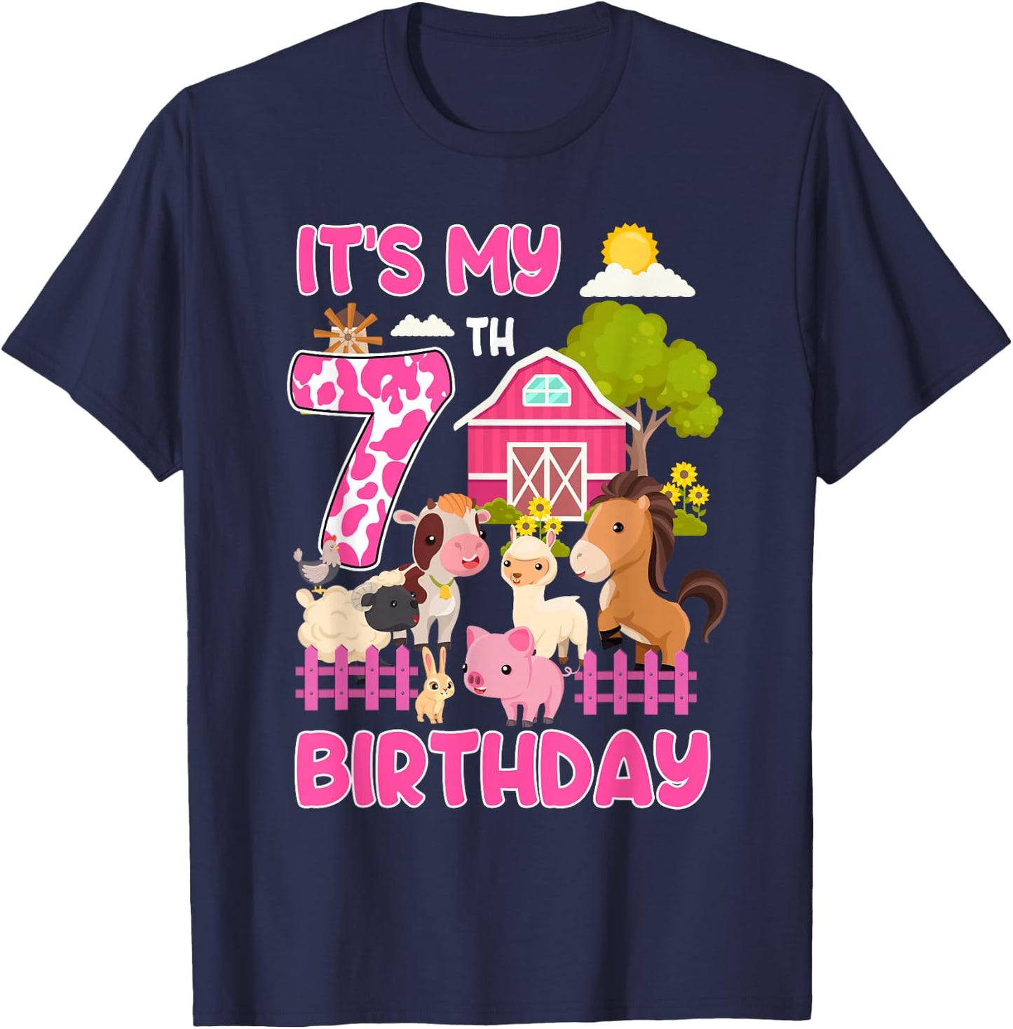It’s My 7th Birthday Farm Animals 7 Year Old Girl Party T-Shirt - T-Shirt | Navy