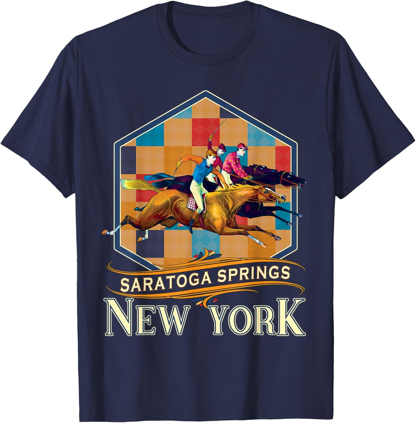 Saratoga Springs New York Vintage Horse Racing Souvenir T-Shirt - T-Shirt | Navy