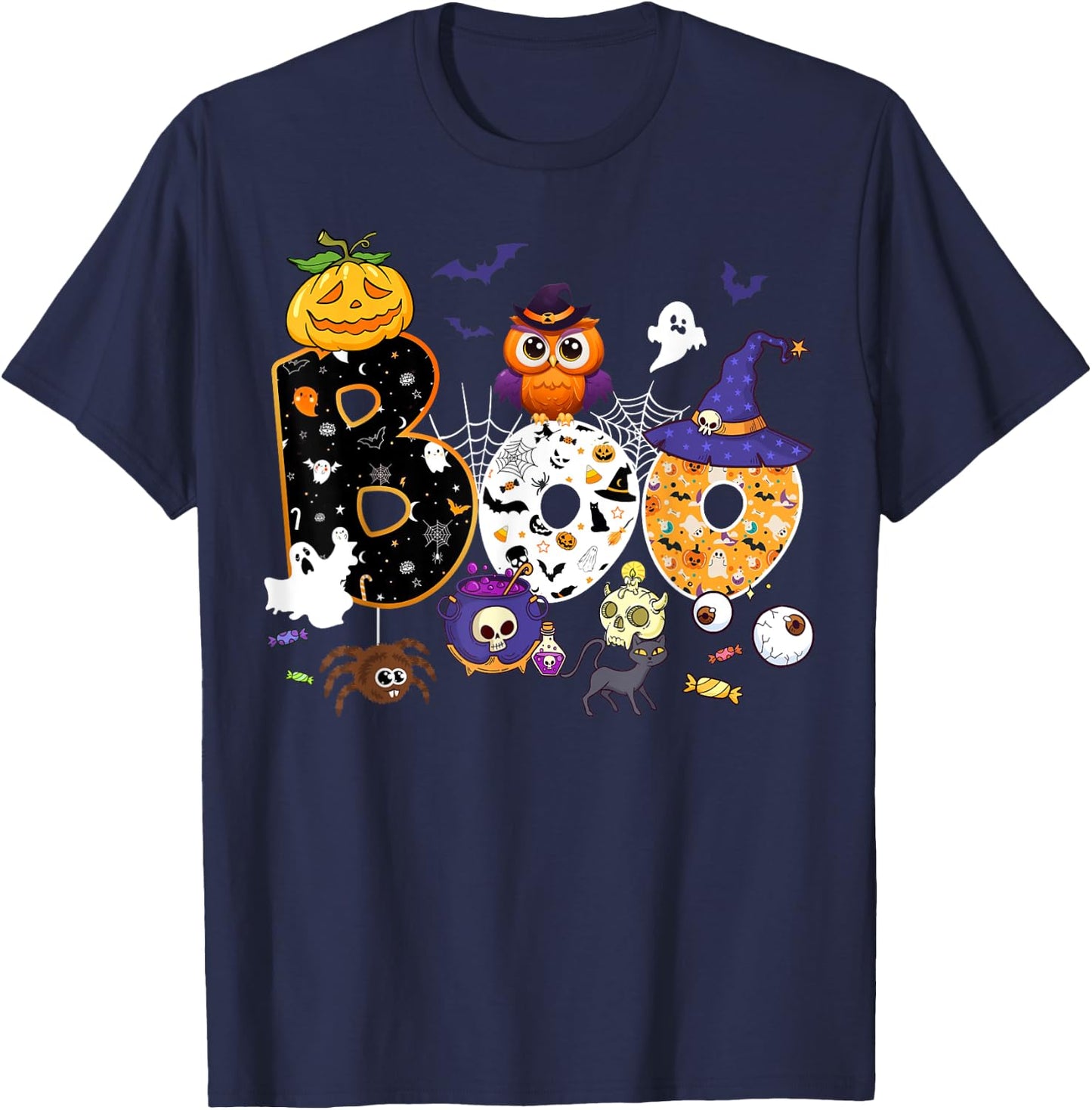 Boo Creepy Owl Pumpkin Ghost Halloween Men Women Kids T-Shirt - T-Shirt | Navy