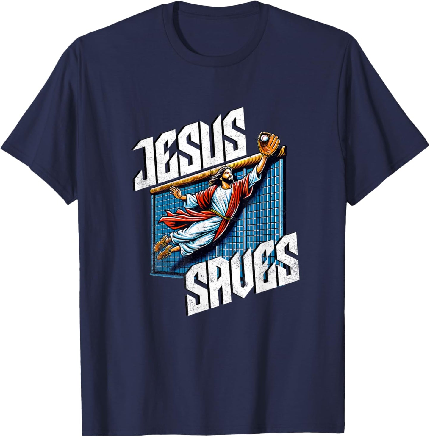 Vintage Jesus Saves Baseball Player Homerun T-Shirt - T-Shirt | Navy