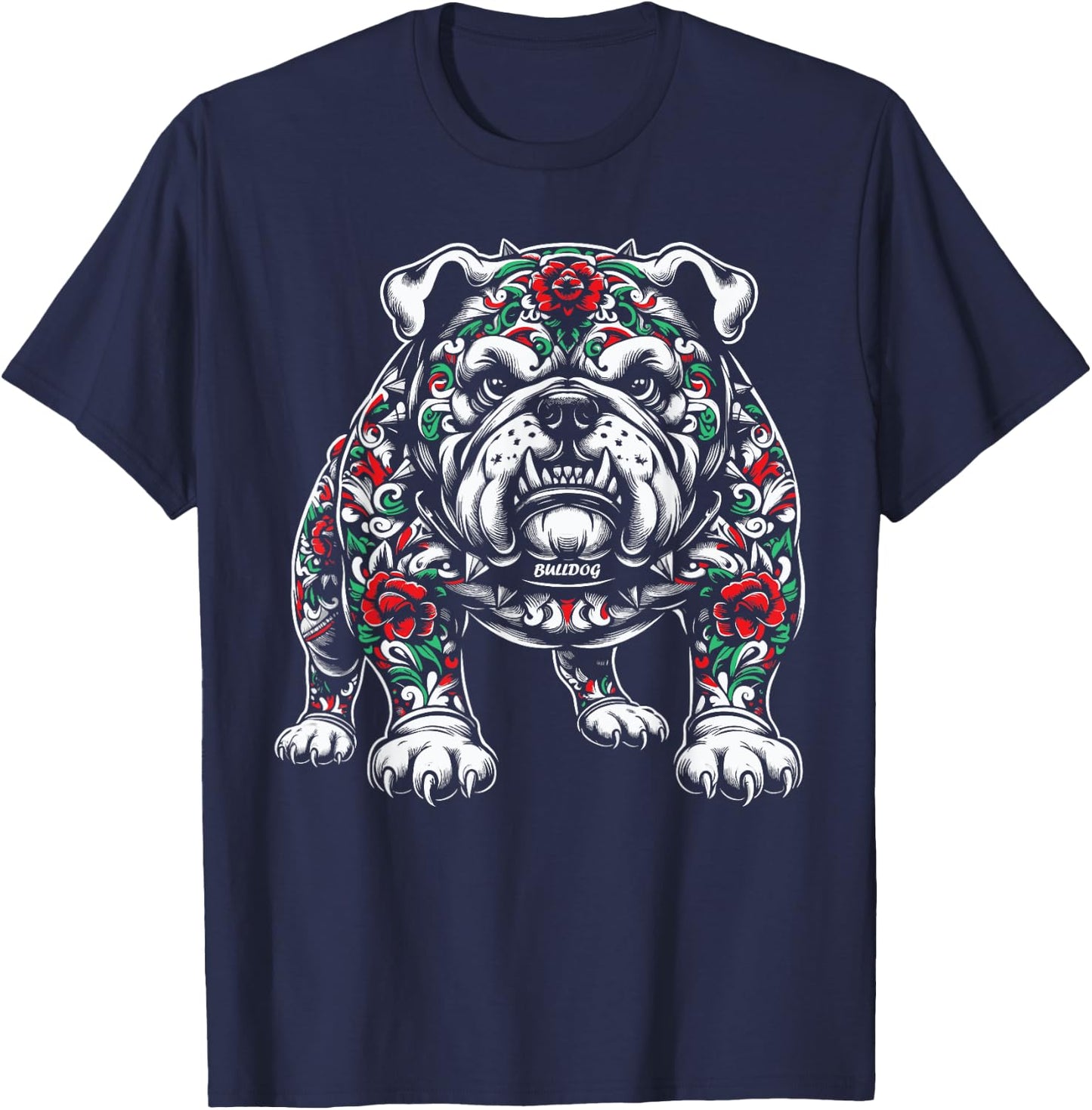 Bulldog Floral Red Rose T-Shirt - T-Shirt | Navy