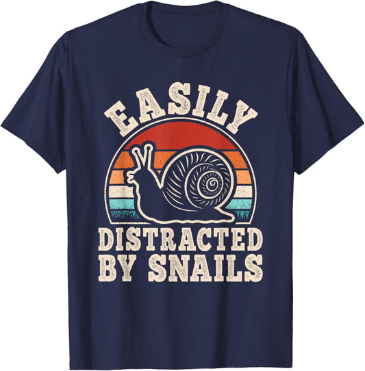 Easily Distracted By Snails Funny Retro Snail Men Women Kids T-Shirt - T-Shirt | Navy