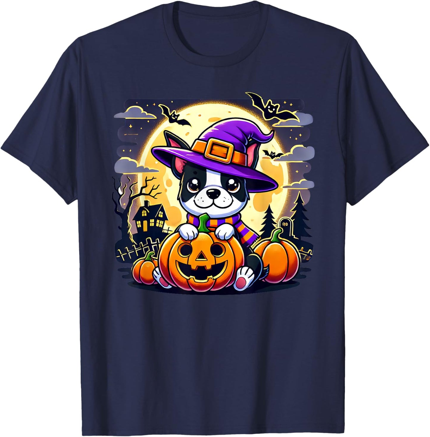 Halloween Boston Terrier Dog Breed With Jack O' Lantern Art Women Kids T-Shirt - T-Shirt | Navy