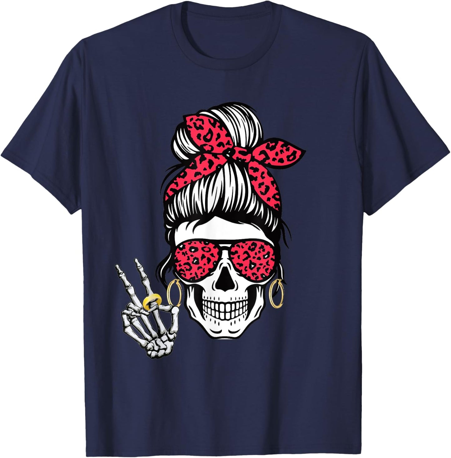 Boho Skeleton Peace Sign Messy Bun Bandana Halloween Apparel T-Shirt - T-Shirt | Navy