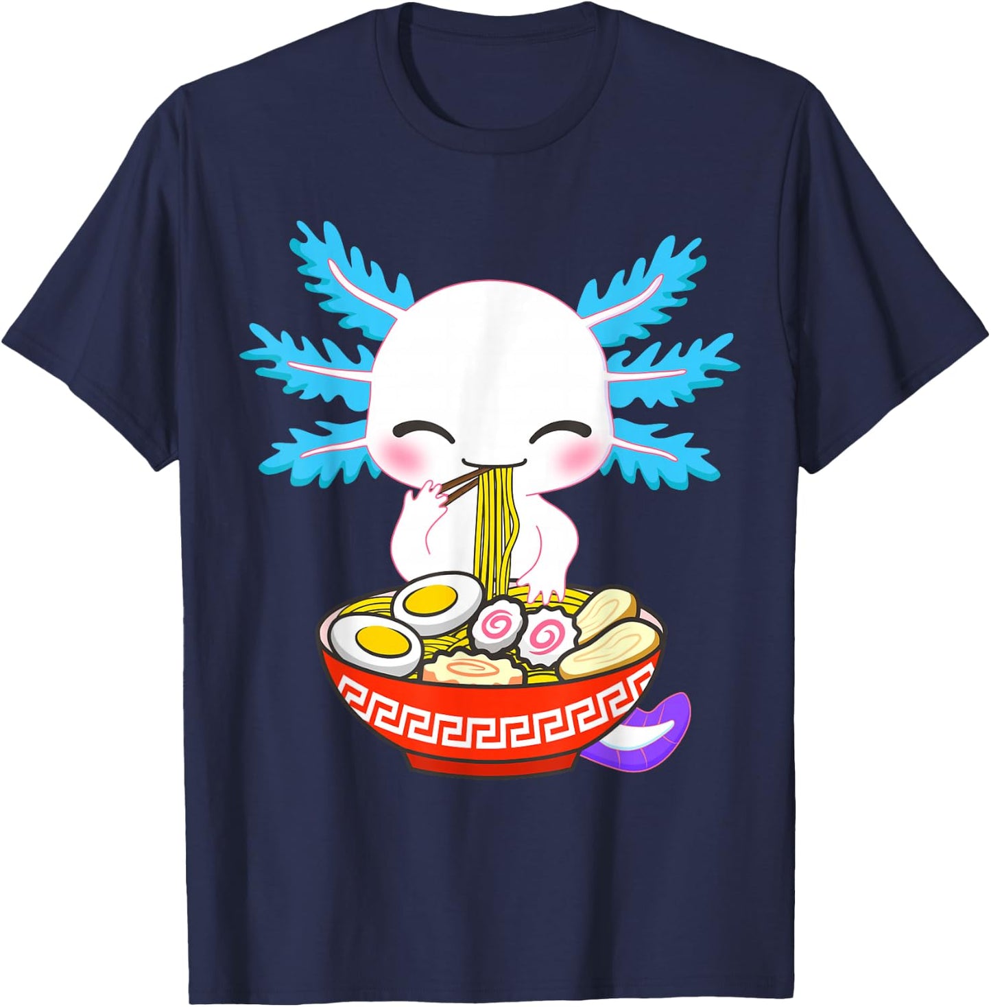 Fox Brother Kawaii Axolotl Eating Ramen Noodles Anime - -Kids/Adults, Black, Small, Short Sleeve T-Shirt - T-Shirt | Navy