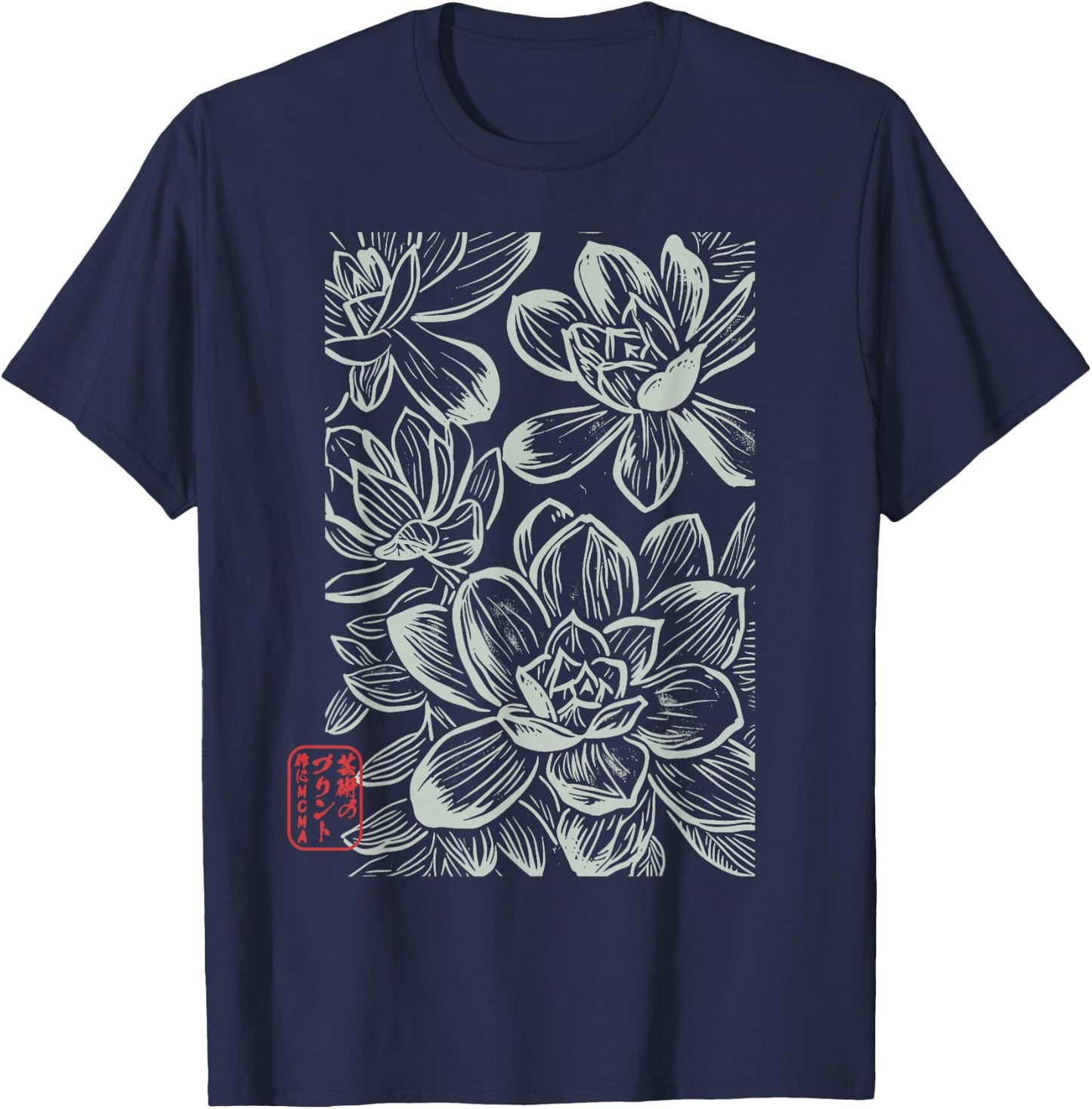 Japanese Boho Flowers – Sumi-e Style Floral Botanical Art T-Shirt - T-Shirt | Navy