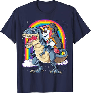 Dachshund Unicorn Riding Dinosaur T-rex Gifts Women Rainbow T-Shirt - T-Shirt | Navy