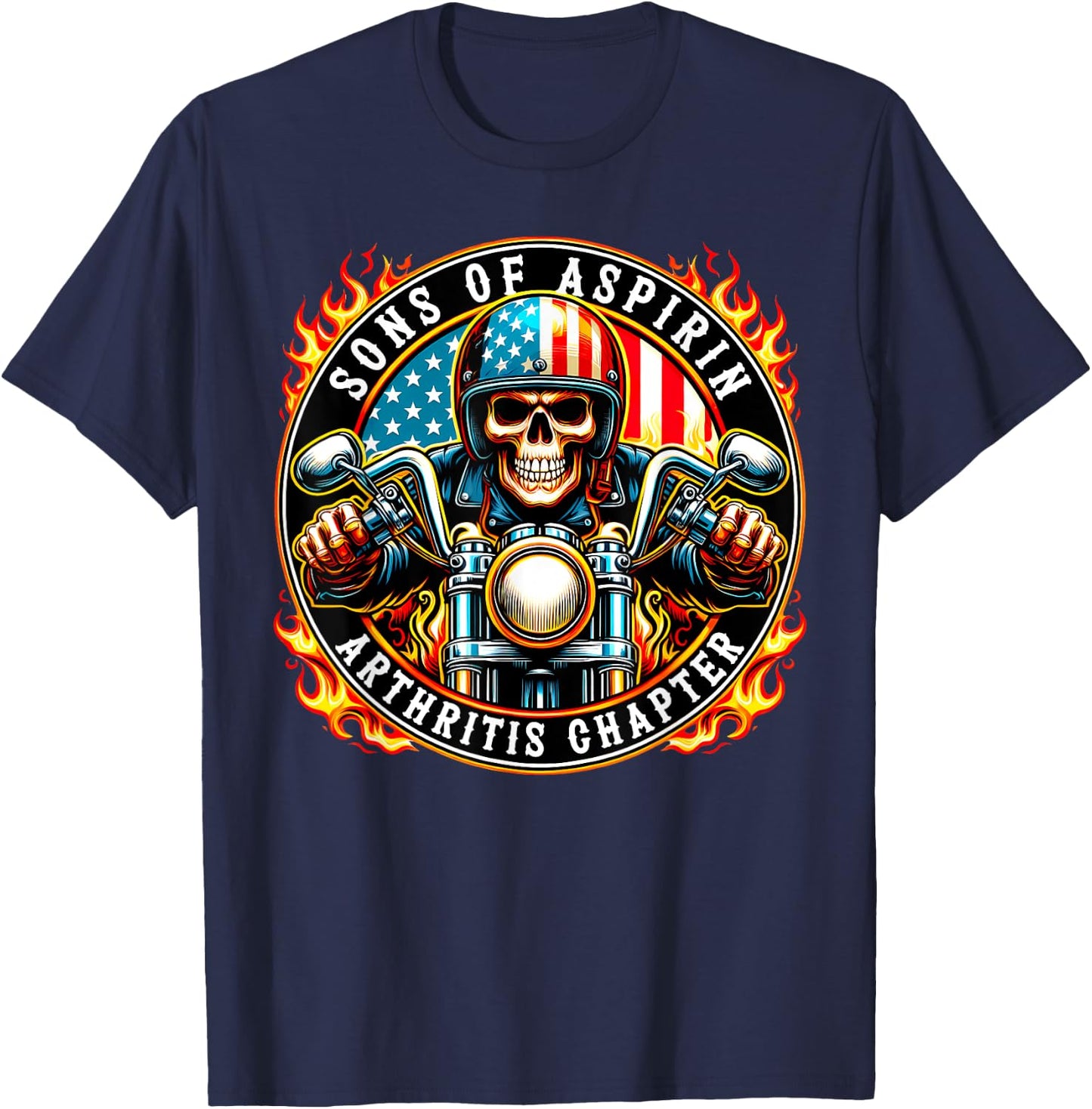 Sons of Aspirin Arthritis Chapter Skeleton Biker Motorcycle T-Shirt - T-Shirt | Navy