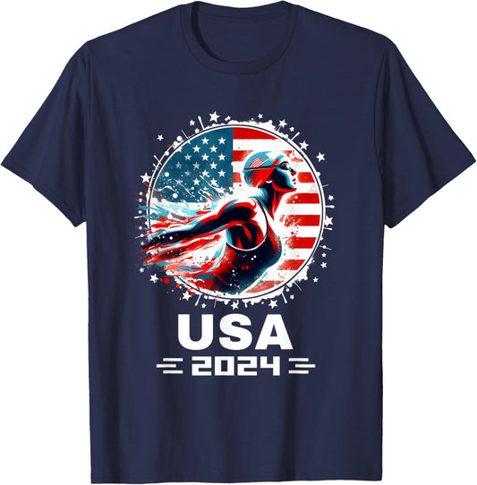 Swimming United States Women Team American Flag Swimming T-Shirt - T-Shirt | Navy