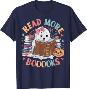 Cute Books Ghost Read More Booooks Funny Teacher Halloween Women Kids T-Shirt - T-Shirt | Navy