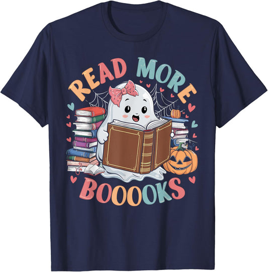 Cute Books Ghost Read More Booooks Funny Teacher Halloween Women Kids T-Shirt - T-Shirt | Navy