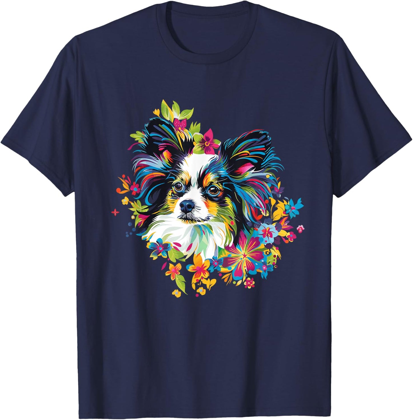 Artful Papillon Designs Floral Pop Art Papillon - -Adults & -Kids - Black - Small - Short Sleeve - Classic Fit - Round Neck T-Shirt - T-Shirt | Navy