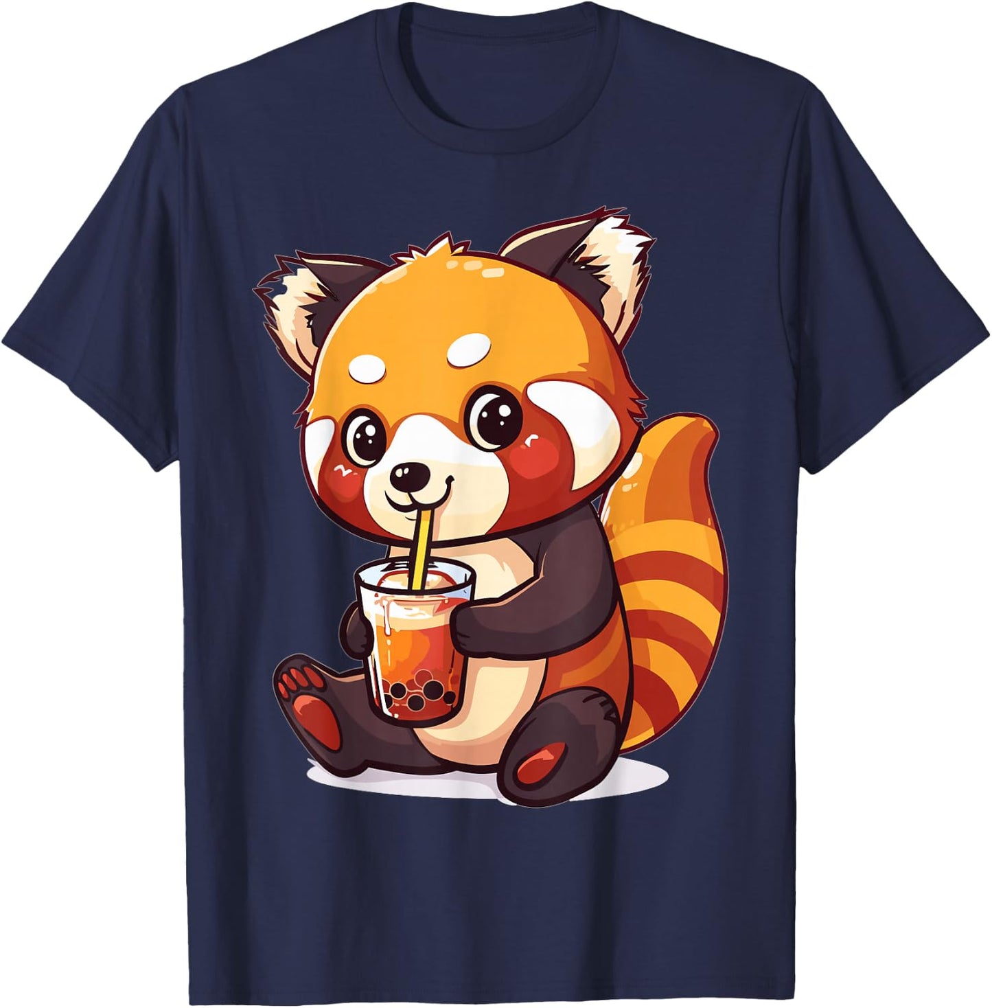 Kawaii Red Panda Drinking Bubble Tea Boba Anime Cute Graphic T-Shirt - T-Shirt | Navy