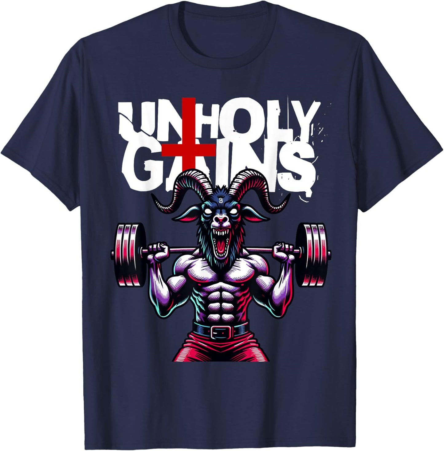 Unholy Gains Satanic Workout Devil Worship Goat Deadlift Gym T-Shirt - T-Shirt | Navy