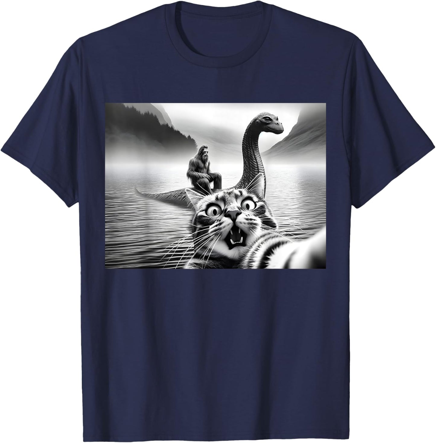 Bigfoot Riding Loch Ness Monster Surprised Scared Cat Selfie Women Girls Kids T-Shirt - T-Shirt | Navy
