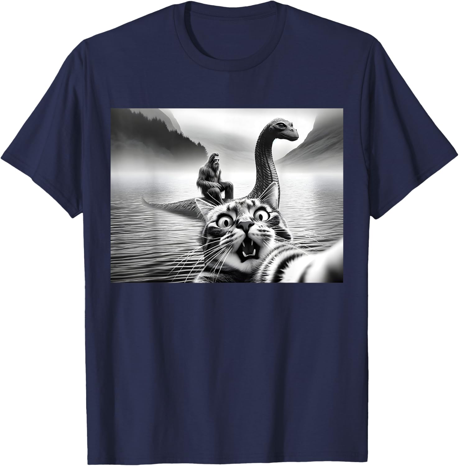 Bigfoot Riding Loch Ness Monster Surprised Scared Cat Selfie Women Girls Kids T-Shirt - T-Shirt | Navy