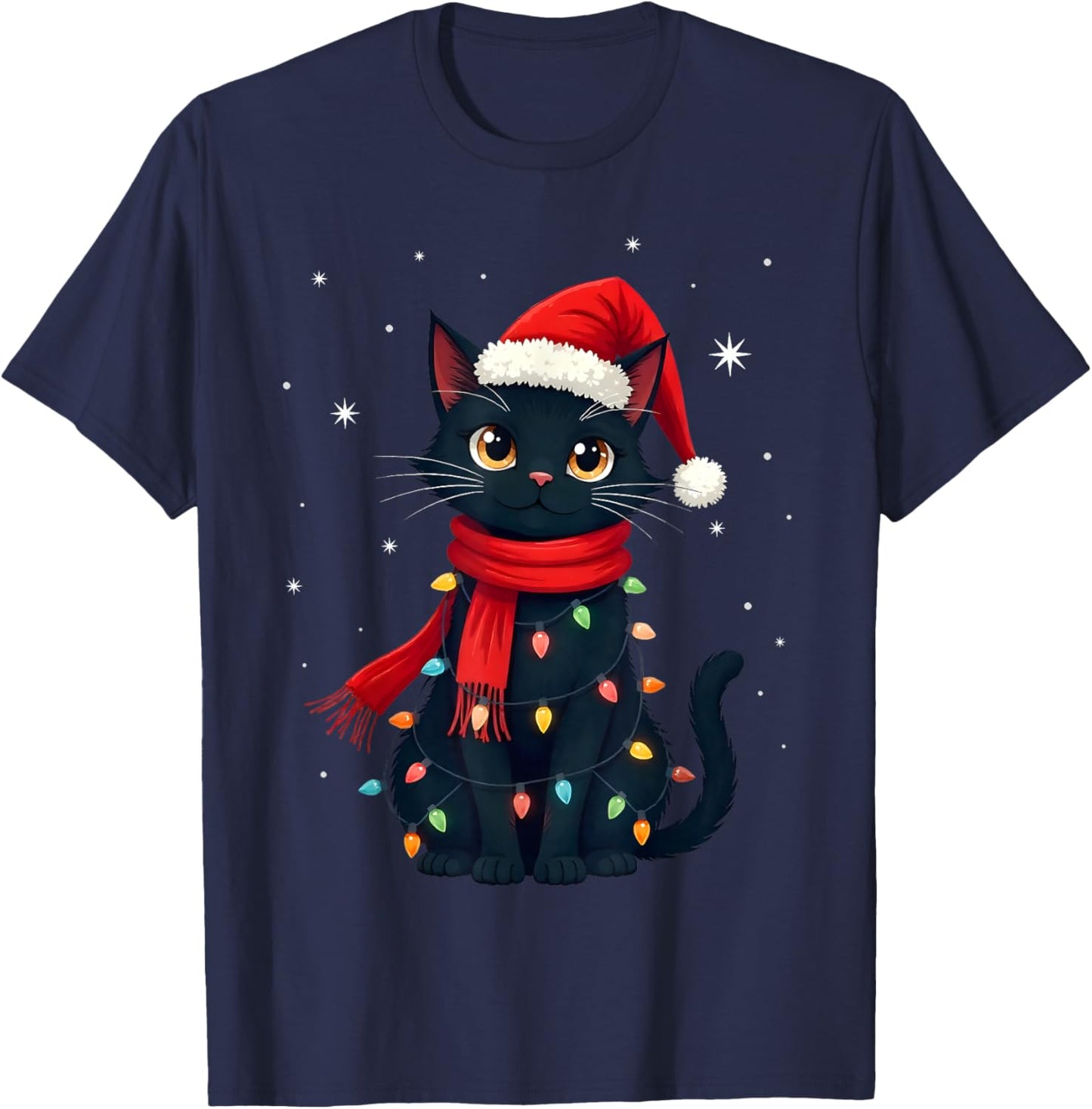 Black Cat Christmas Lights Cats Lover Xmas T-Shirt - T-Shirt | Navy