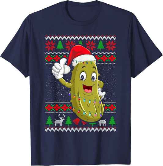 Pickle Christmas Lights Ugly Sweater Santa Pickle Xmas T-Shirt - T-Shirt | Navy